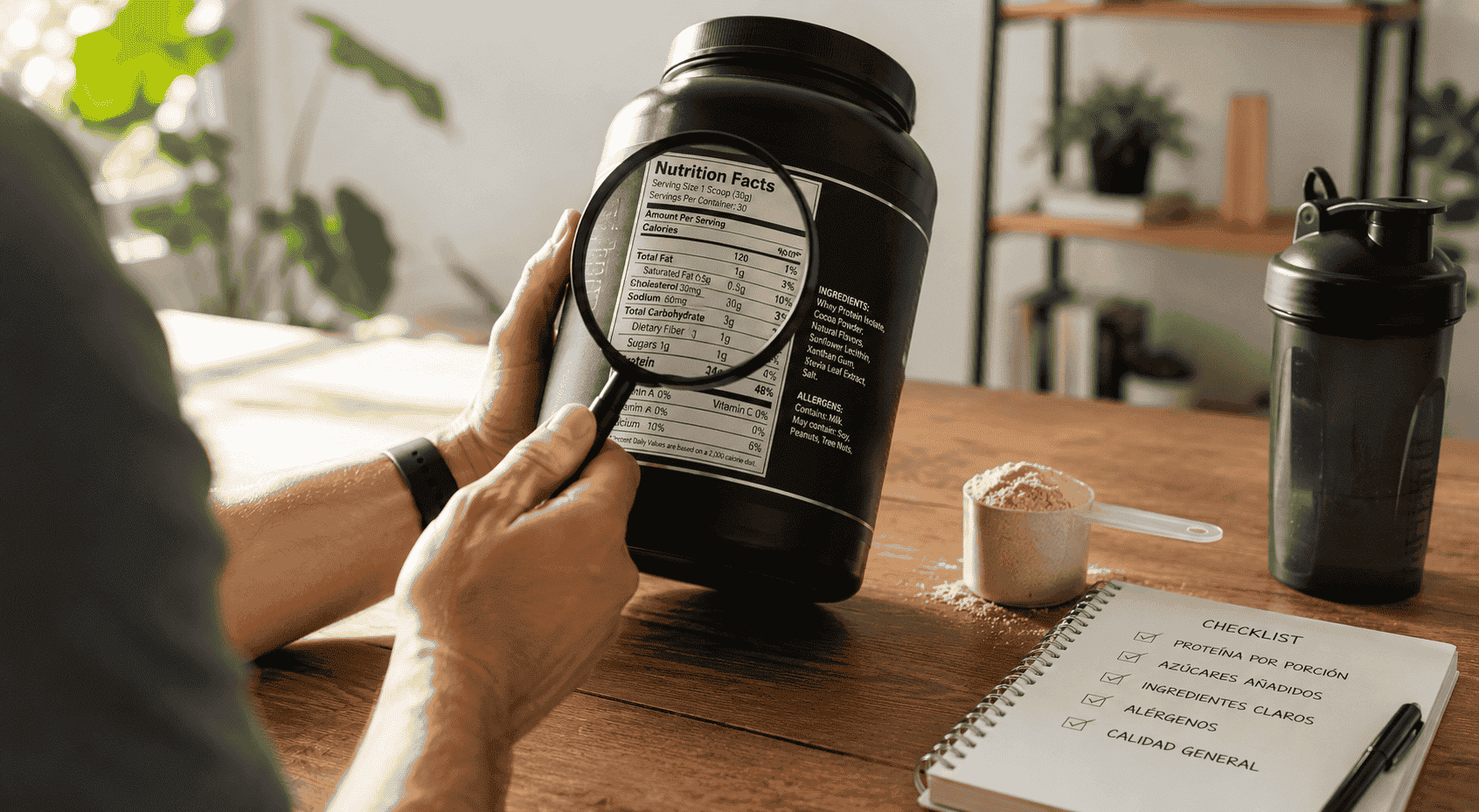 Lectura de etiqueta nutricional de proteína en polvo